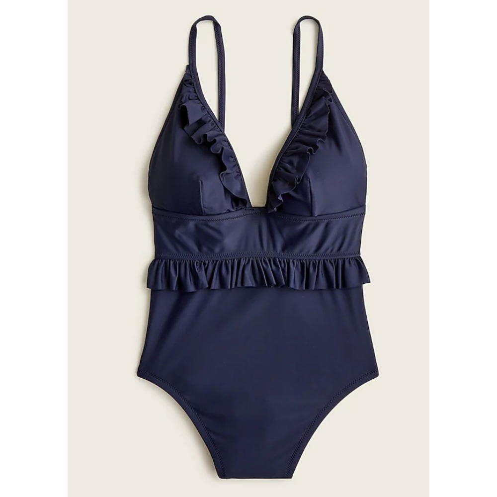 J.Crew $118 Ruffle Deep-V One-Piece Swimsuit Navy Size 4 AG741 NWT